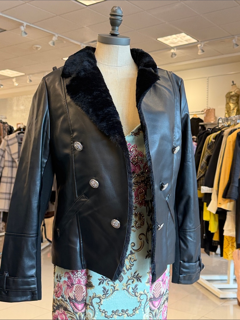 Haute Monde Black Faux-Leather Double-Breasted Jacket with Faux-Fur Collar